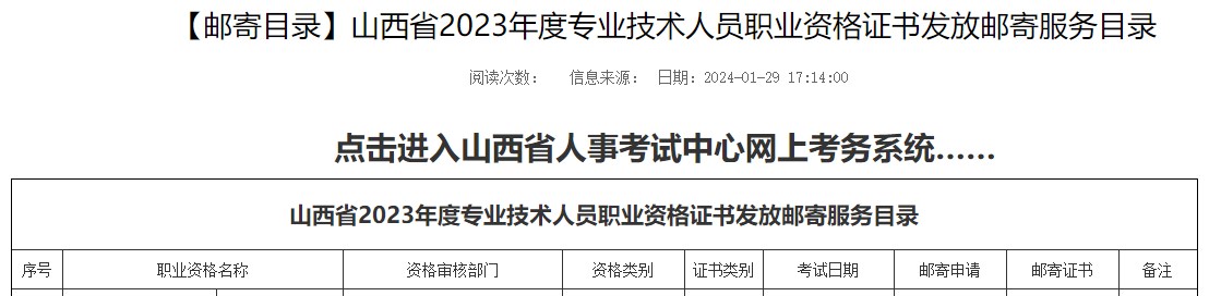 山西省2023年度專業(yè)技術(shù)人員職業(yè)資格證書發(fā)放郵寄服務目錄