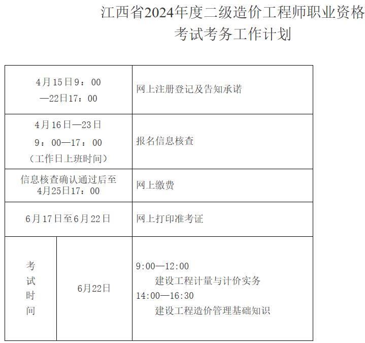 江西省2024年度二級造價工程師職業(yè)資格考試考務(wù)工作計劃